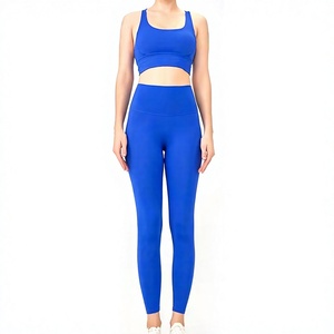 Women Yoga Set High Waist Full Length <b>Leggings</b> Crew Neck Crop Top Racerback Sleeveless Print Blue Seamless Four-Way Stretch - Product Image 1