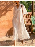 Printemps et été Robe de plage à broderie française pour femmes avec manches bulle Robe blanche