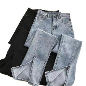 Jean Décontracté à Ourlet Fendu Taille Haute Extensible pour <span class=keywords><strong>Femme</strong></span>, Pantalon en Jean Ample Évasé à <span class=keywords><strong>Jambe</strong></span> Large Polyvalent pour Étudiantes - Product Image 4