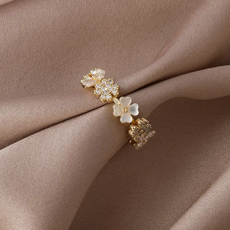 HOVANCI-anillo abierto de circonia cúbica chapado en oro de 18k, 8 anillos ajustables con flor de concha de perla madre