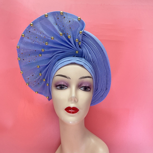 Cravate Aso Oko entièrement brodée à la main pour mariage traditionnel Sinya Beautiful Ladies Auto Gele Headtie With Pearl - Product Image 1