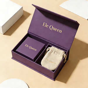 EleQueen Luxury Magnetic Flap Jewellery Box Set Custom Printed Logo Cardboard Gift Box <b>Drawstring</b> Velvet <b>Pouch</b> for Valentine's - Product Image 6