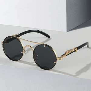 Lunettes de soleil de luxe vintage pour femmes, monture ronde à double pont, style punk, avec décoration léopard doré et branches en <span class=keywords><strong>bois</strong></span>, modèle 2026, pour hommes et femmes - Product Image 2
