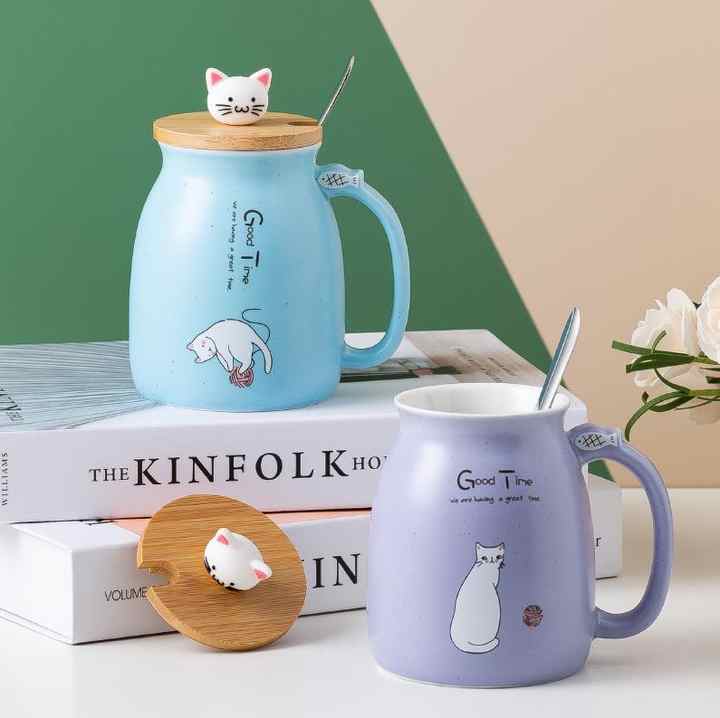 卡通可爱猫陶瓷咖啡杯带竹盖促销礼品咖啡杯带勺子