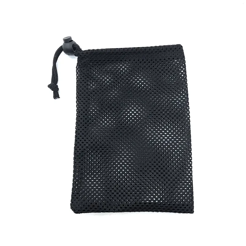 customization rubber logo Black Nylon Mesh Drawstring Bag for fitness bands,keychain-toys etc 8.26''x 7.48''