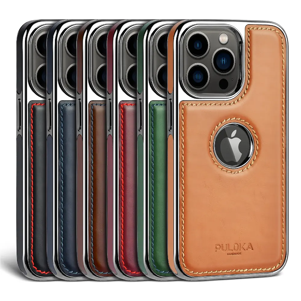 PULOKA New High Quality PU Leather Plating Men Mobile Phone Case Back Cover for iPhone 12 13 14 Pro Max Leather Cell Phone Case