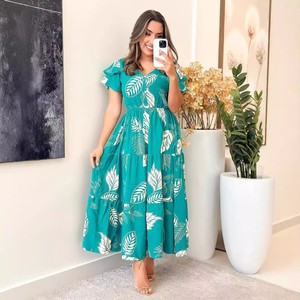 Y10465 Robes d'été tendance pour femmes, décontractées et élégantes, col en V, boutonnées, taille élastique, <span class=keywords><strong>robe</strong></span> <span class=keywords><strong>longue</strong></span> trapèze imprimée pour femmes - Product Image 4