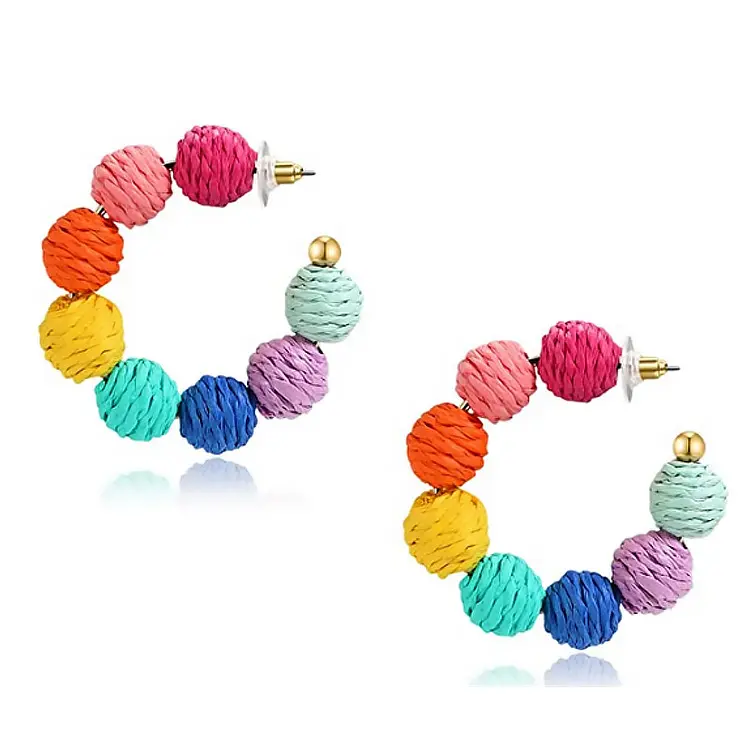 Lightweight Summer Straw Wicker Dangle Earrings, Multicolor Bohemian Raffia Hoop Earrings for Women's