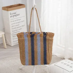 Portable Square Striped Natural Paper Straw Crocheted Woven Tote Shoulder Handbag Beach Bag for Summer