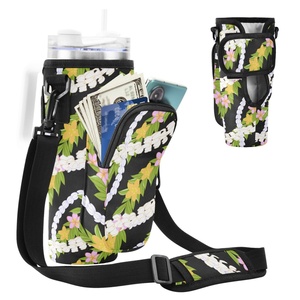 40oz Holder Hawaiian Custom Puakenikeni <b>Coffee</b> Water Bottle Carrier Bag With <b>Pocket</b> Adjustable Shoulder Strap - Product Image 1