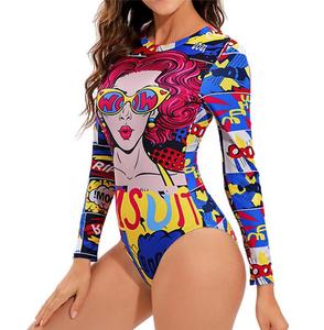 Traje de Baño Deportivo de Manga Larga para Mujer, Estampado en Todo el Cuerpo, con Material de Spandex/Poliéster, de Secado Rápido y Transpirable - Product Image 3