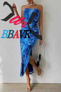 Robe décontractée imprimée pour femme, style européen et américain, sans manches, avec fente à l'ourlet - Product Image 4