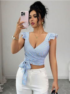 Wholesale Women 2026 New Backless Striped Bikini Custom Color Tie Waist Split Swimsuit With Matching Vest <b>Top</b> - Product Image 2