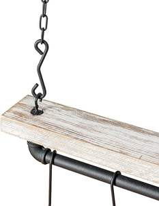 Support de pot monté au <span class=keywords><strong>plafond</strong></span> avec étagère de tuyau en métal noir industriel et pots et casseroles suspendus en bois massif lavé blanc minable - Product Image 6