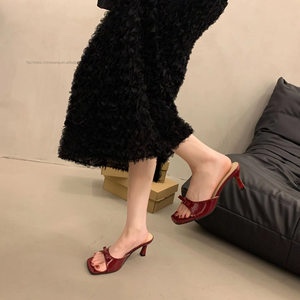 French-Style Women's High Heel Slippers Elegant <b>Open</b> Back Square Toe Slide Sandals All-Match Outwear With Slip-On Closure - Product Image 3