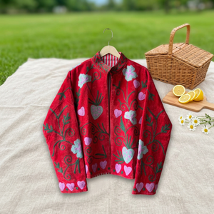 NEW JAIPUR INTERNATIONAL Red Suzani Embroidered <b>Velvet</b> Bomber <b>Jacket</b> for <b>Women</b> Handmade Floral Heart Embroidery Ethnic Boho - Product Image 2