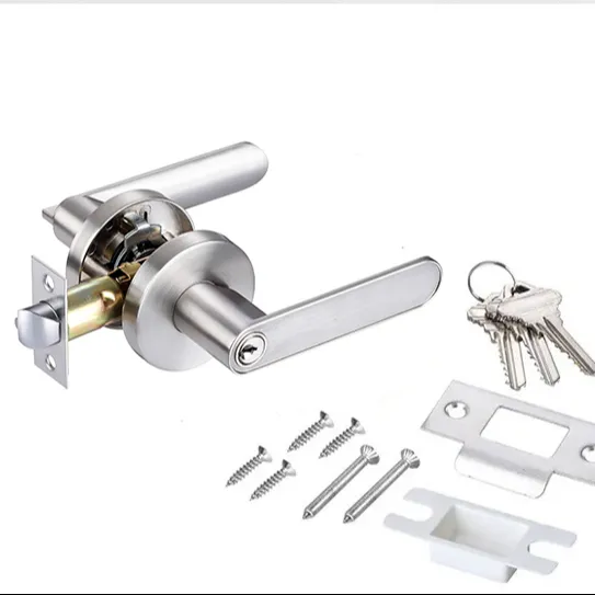 Satin Nickel Zinc Alloy Tubular Keyed Entry Door Lever Handle Lock with Keys for Main Door Lock