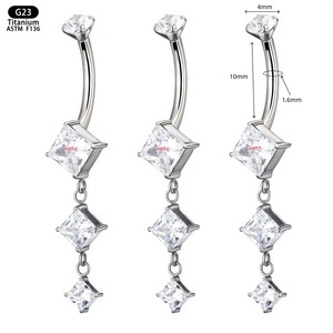 Piercing de nombril géométrique carré en zircon avec pampille, en alliage de titane F136, 10 mm, bijou corporel pour piercing - Product Image 1