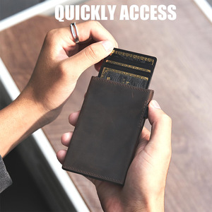 Bi Fold Vertical <b>Metal</b> Card Holder <b>Wallet</b> For Men Genuine Leather Coffee Brown Flip Top Business Style Everyday Use - Product Image 3