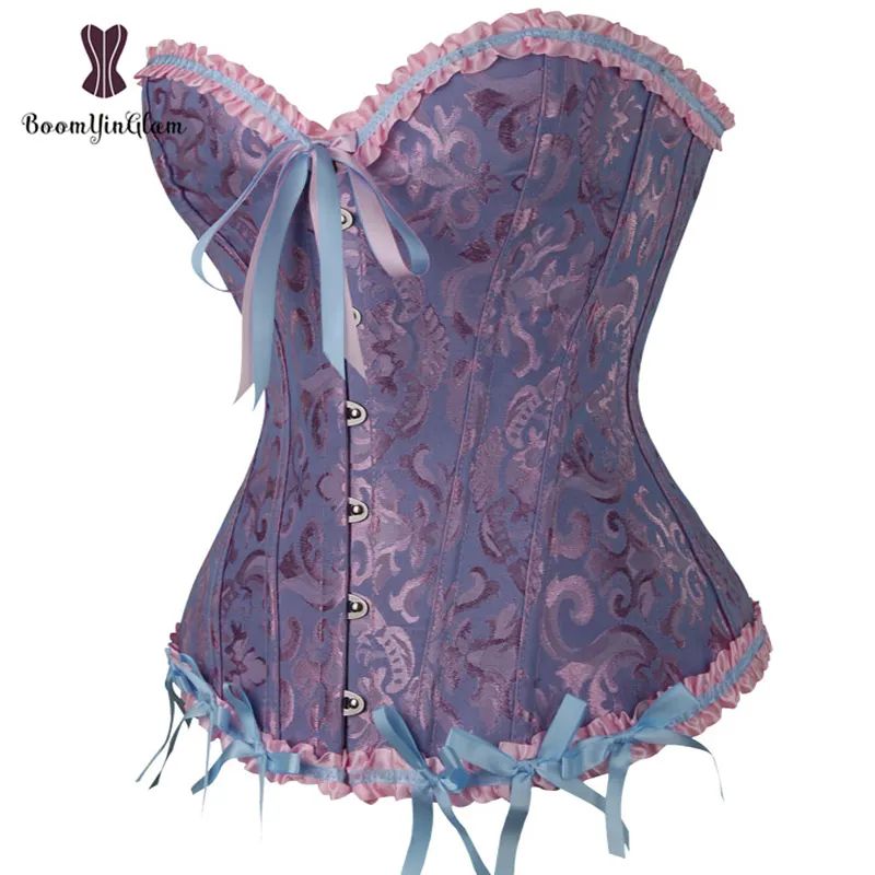 Light Blue Clothes Lace & Brocade Overbust Corset Top Body Shapewear Waist Training Corsets And Bustiers