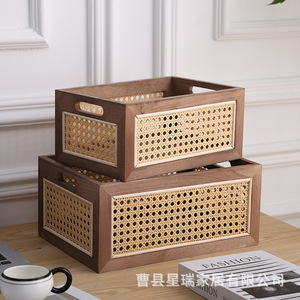Solid Wood Rattan Storage Basket Rectangle Eco Friendly Desktop Organizer For Office Living Room Books Snacks - Product Image 2