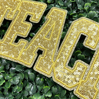 Patch thermocollant à sequins de 10 pouces, grand, doré, motif lettre 'Teach' style universitaire, pour vestes, sweat-shirts et vêtements, idéal pour la rentrée scolaire