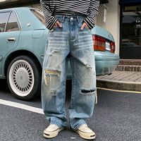 Jean Homme Y2K 2026 de Haute Qualité, Style Streetwear, Bleu Clair Vieilli, Effet Usé et Déchiré, Denim Pulvérisé, OEM ODM