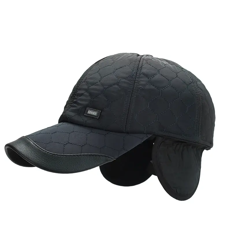 New Warm Thicken Cotton Six Panel Dad Hats Winter Black Baseball Cap With Ear Flaps
