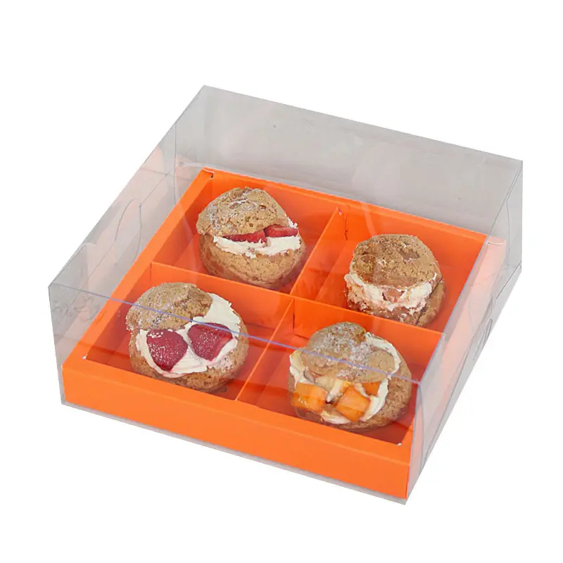 Cupcake embalagem caixa presente copo bolo papel caixas papelão transparente quadrado aniversário bolo cartão logotipo personalizado 4 espaço laranja