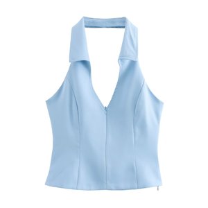 เสื้อแขนกุดสไตล์เสื้อเชิ้ตคอ halter สำหรับผู้หญิง พร้อมกางเกงกระโปรงเอวต่ำ ชุดลำลอง 2 ชิ้น แฟชั่น - Product Image 6