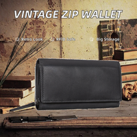 Dompet Pendek Kulit Asli Coklat Anti RFID Lipat Tiga Kantong Koin Tempat Kartu Penutup Ritsleting Unisex Vintage