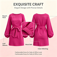 Robe courte en satin pour femme, col bateau, manches longues lanternes, ceinture à nouer, couleur unie, respirante, idéale pour le bureau