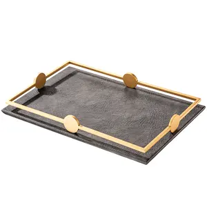 Hotel Serving Tray Customised Light Luxury Gold Stainless Steel High-grade Leather Hotel Service Tray
