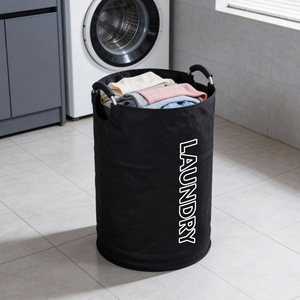 Laundry <b>Basket</b> Foldable Aluminum Handle <b>Large</b> Capacity Round Black Clothing Organizer Waterproof <b>Storage</b> <b>Basket</b> For Home Use - Product Image 4