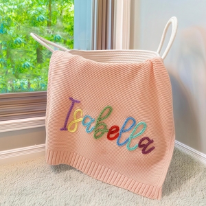Couverture <span class=keywords><strong>de</strong></span> bébé personnalisée brodée avec le <span class=keywords><strong>nom</strong></span>, 100% coton, cadeaux pour nouveau-nés, garçon/fille, couverture en tricot épais faite à la main - Product Image 3