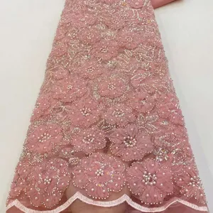 Low price 3d flower pink lace fabric embroidery