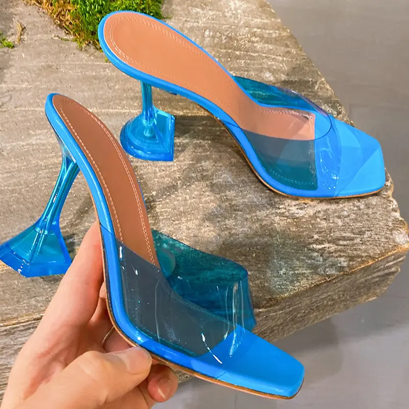 2022 Star style Transparent PVC Crystal Clear Heeled Women Slippers Fashion High heels Female Mules Slides Sandals