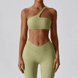 Bra olahraga yoga Satu bahu fitness Wanita, set legging ketat potongan v pinggang tinggi gym fitness