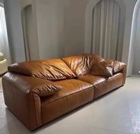 Sofá de cuero encerado de 4 plazas de lujo, diseño Vintage, marco de madera maciza, esponja de alta densidad para Villa, salón, sala de estar de gama alta
