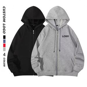 เสื้อฮู้ดดี้ผู้ชาย 320 GSM สีดำ แบบซิป ไม่มีลาย ปักโลโก้ตามสั่ง ผ้าฝ้ายผสมโพลีเอสเตอร์ สไตล์สตรีทแวร์ - Product Image 1