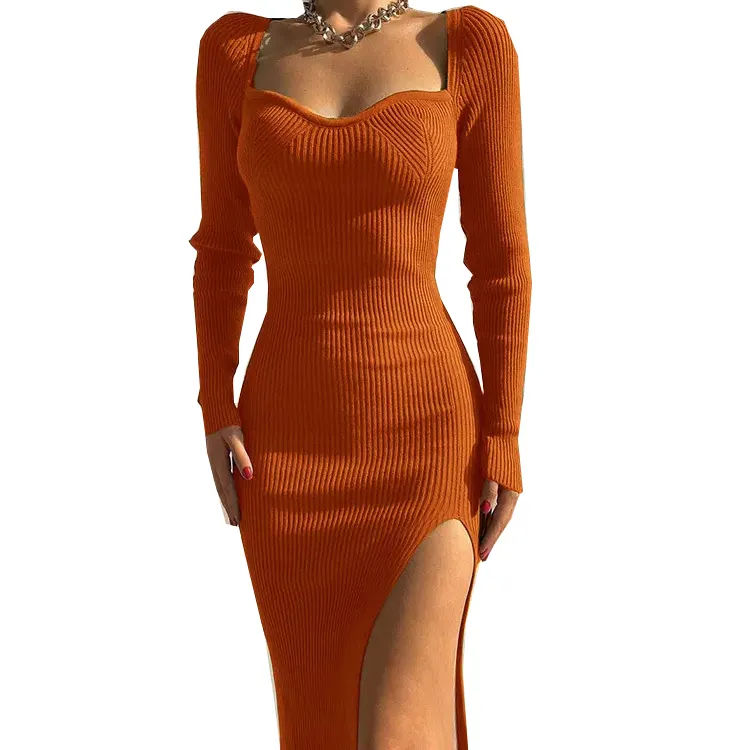 2022 Latex Custom Solid Color Bodycon Square Neck Ribbed Long Sleeve Knit Sweater Dress