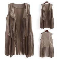 Gilet Cowgirl Vintage Femme Gilet Faux Daim Ethnique Veste Sans Manches avec Longue Frange Glands Cardigan Style