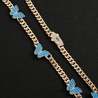 Pulsera y Collar de Eslabones Cubanos con Mariposa Esmaltada Colorida, Chapado en Oro de 14K, con Incrustaciones de Circonitas, Joyería de Latón Estilo Hip Hop para Mujer