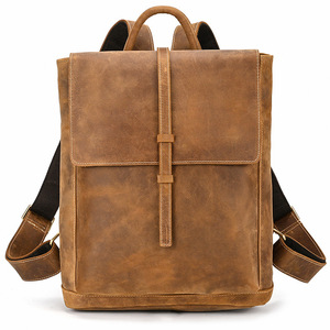 Retro Crazy Horse Leather <b>Backpack</b> 14 Inch Laptop Bag Men's Flap Closure Casual Travel Schoolbag - Product Image 1