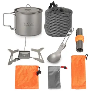 Juego de utensilios de cocina de titanio para acampada, taza de agua de 550ml, estufa de Alcohol solidificado plegable, parabrisas deportivo para Campin al aire libre, 4 Uds.