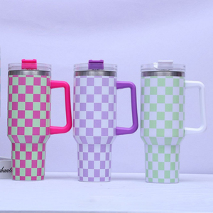 Nouvelle Tasse de Voyage Isotherme en Acier Inoxydable à Motif à Carreaux, Grande Capacité 40 oz, avec Poignée et Paille, Motif Floral - Product Image 4