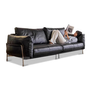 Diablo Knight Set Sofa kulit asli, tempat duduk minimalis kulit asli warna hitam untuk apartemen kecil Pemerintah - Product Image 1