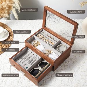 Black Walnut Wood Double Layer Jewelry <b>Box</b> With Drawers Magnetic Closure For Necklaces Rings <b>Earrings</b> Bracelets Watches Glasses - Product Image 1