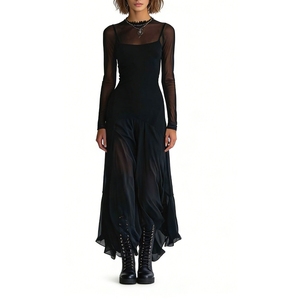 Vestido largo de malla negra para mujer - Manga transparente, bajo asimétrico, estilo gótico, ropa de mujer, moda - Product Image 5