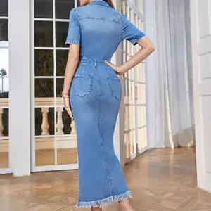 Vestido jeans feminino de botão único slim fit formal de manga curta moda casual novo design para mulheres, novidade de 2024